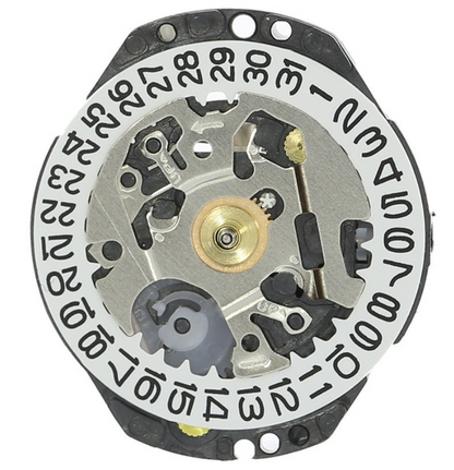 Hattori Epson VX89E quartz watch movement with date display at 3/6, Japan made for precise timekeeping.