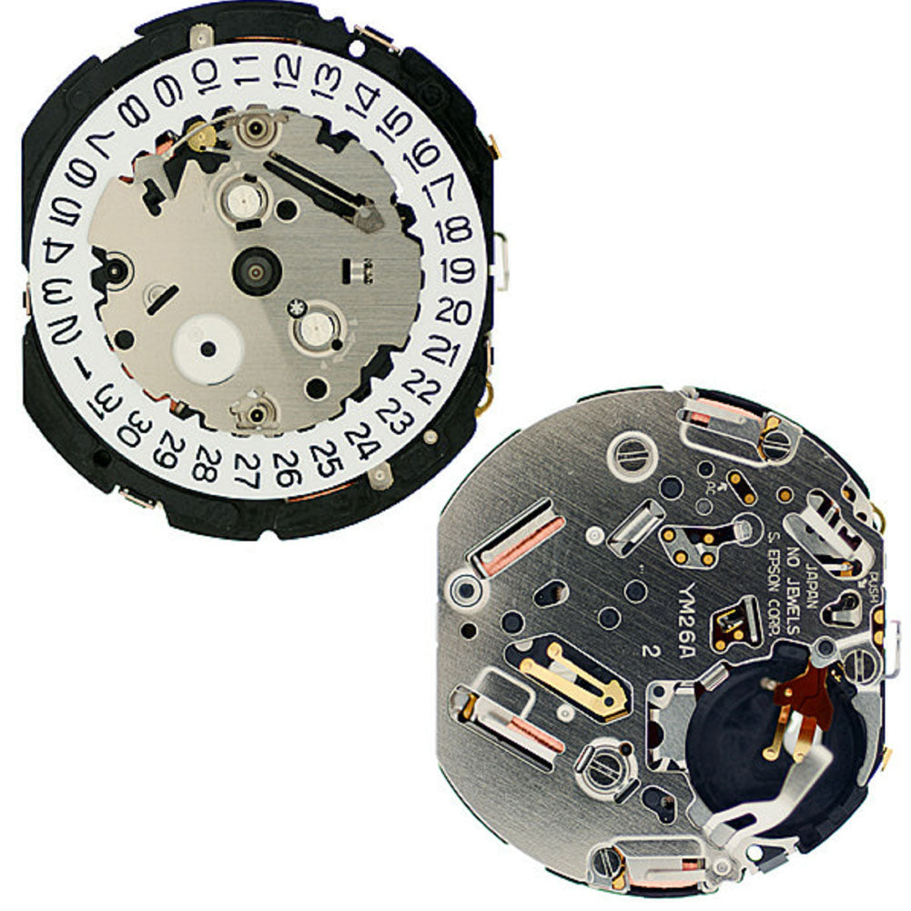 Hattori Epson TMI YM26A quartz watch movement, Japan-made precision for accurate timekeeping in watch repairs.